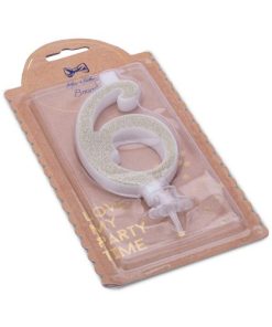 BOUGIE CHIFFRE “6” CALLIGRAPHIE PAILLETTES OR 10.5 CM AVEC BOBECHE
